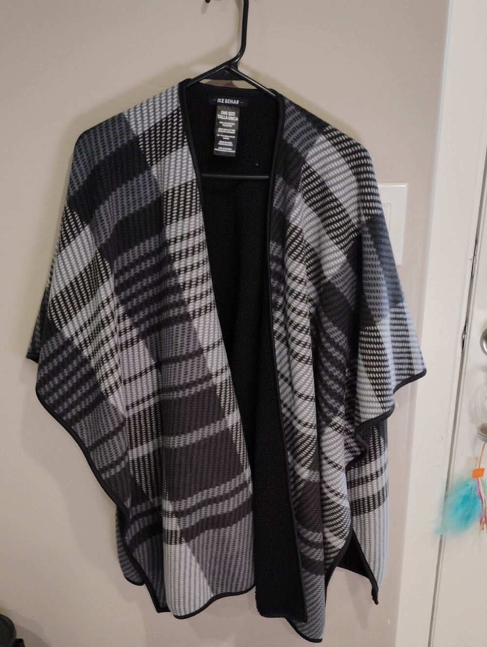 Ike Behar Black and Gray Plaid Open-Front Poncho